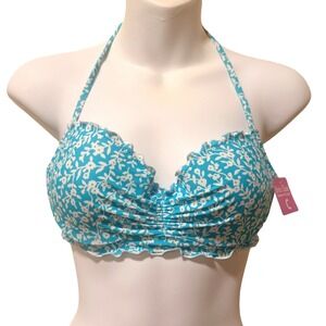 Coco Rave Pool Party 450 Floral Underwire Halter Bikini Top Blue White 32C NEW